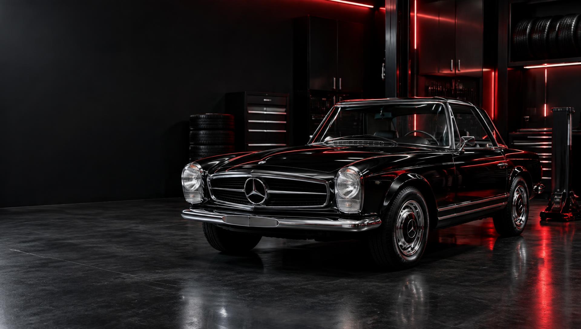 Klassischer Mercedes in einer hochwertigen dunklen Werkstatt